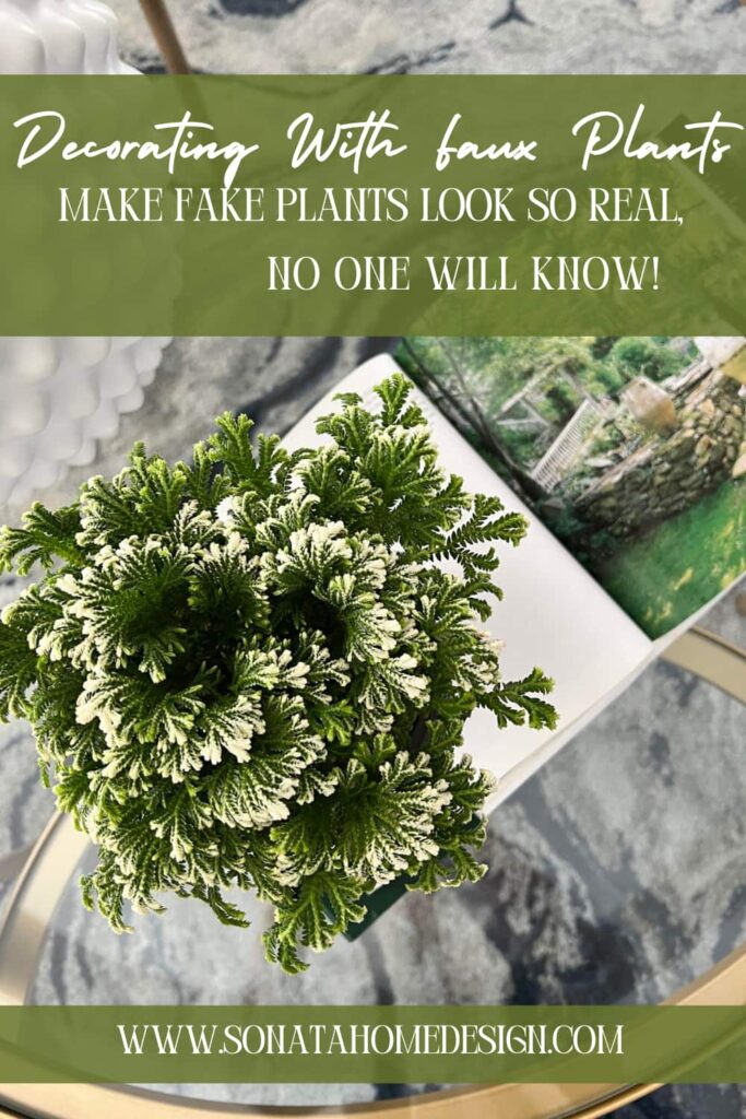 Decorating with faux plants: Green plant on top of coffee table book.