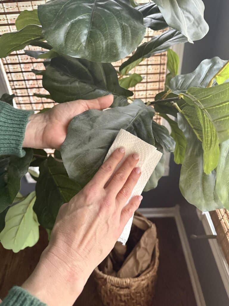 Washing a faux  fiddle leaf fig leaf before decorating.