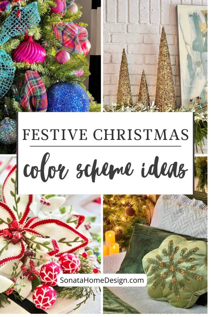 Festive Christmas color scheme ideas in pink and blue, silver and gold, red and green, and green and brown.