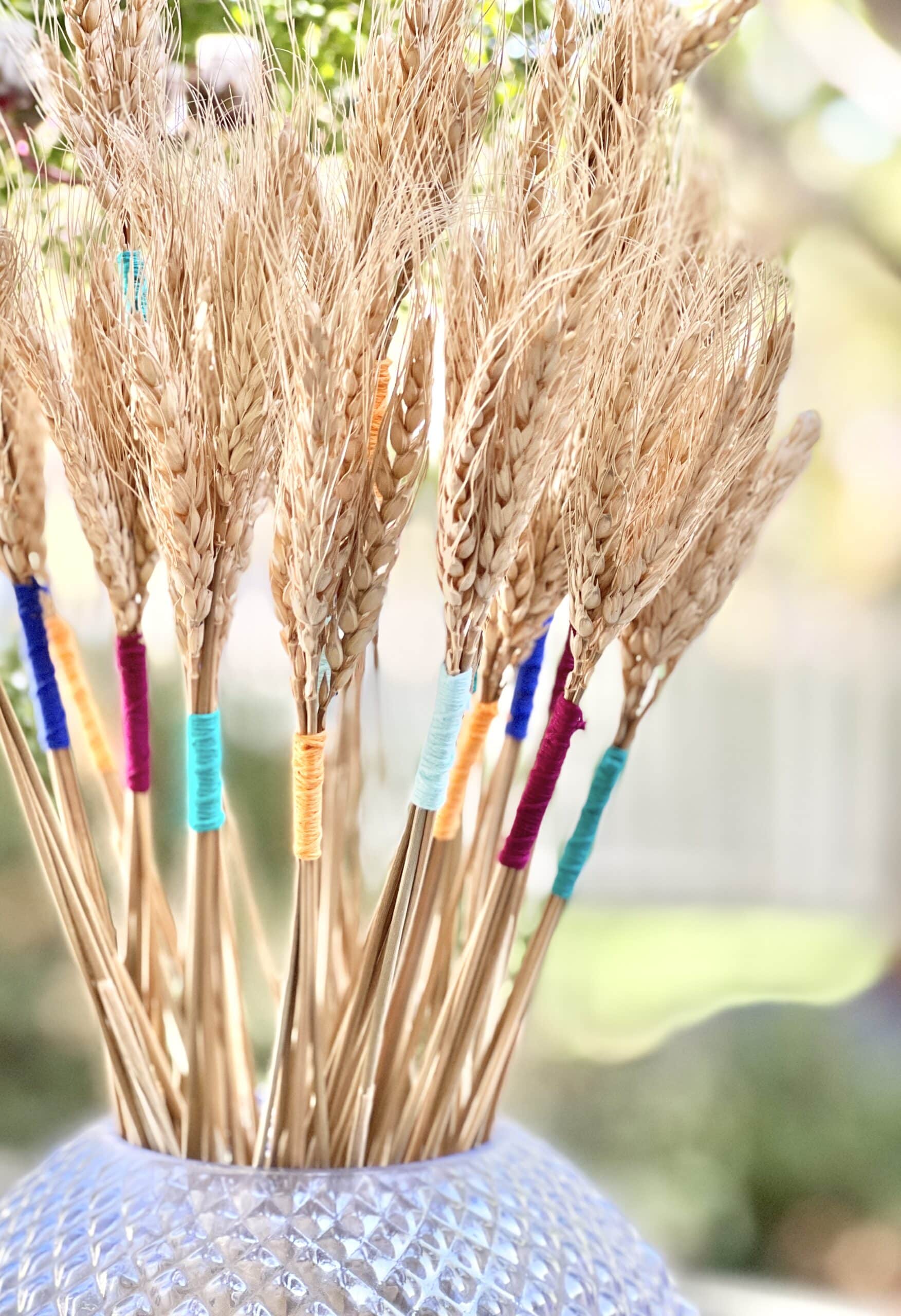 Wheat sheaves wrapped in colored thread.