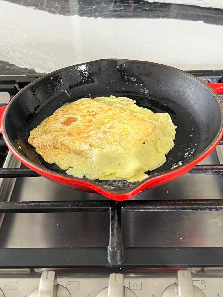 Flipped bread and eggs.