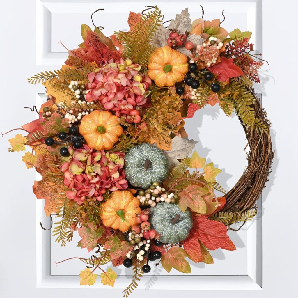 Colorful asymetrical Fall wreaths for the front door.