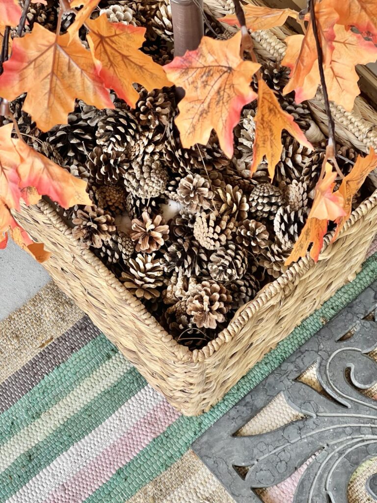 A woven basket holding pine cones and a faux fall maple tree.