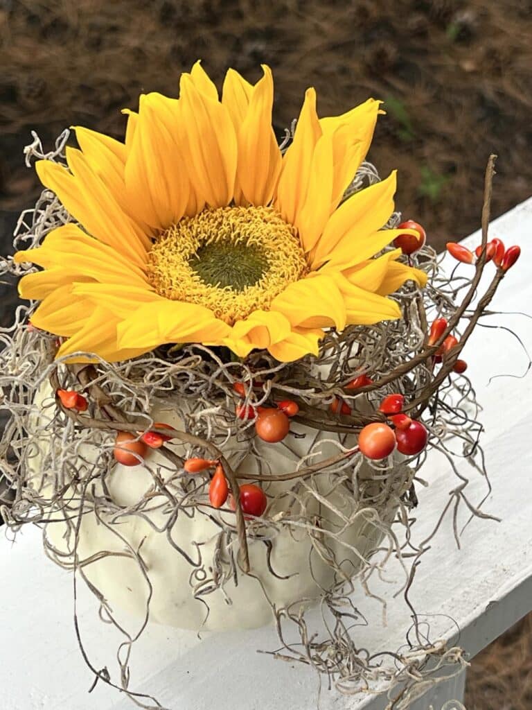 Yellow sunflower in a white pumpkin for budget-friendly front porch decor.
