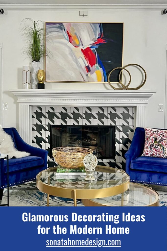 black and white tile fireplace with two blue chairs.