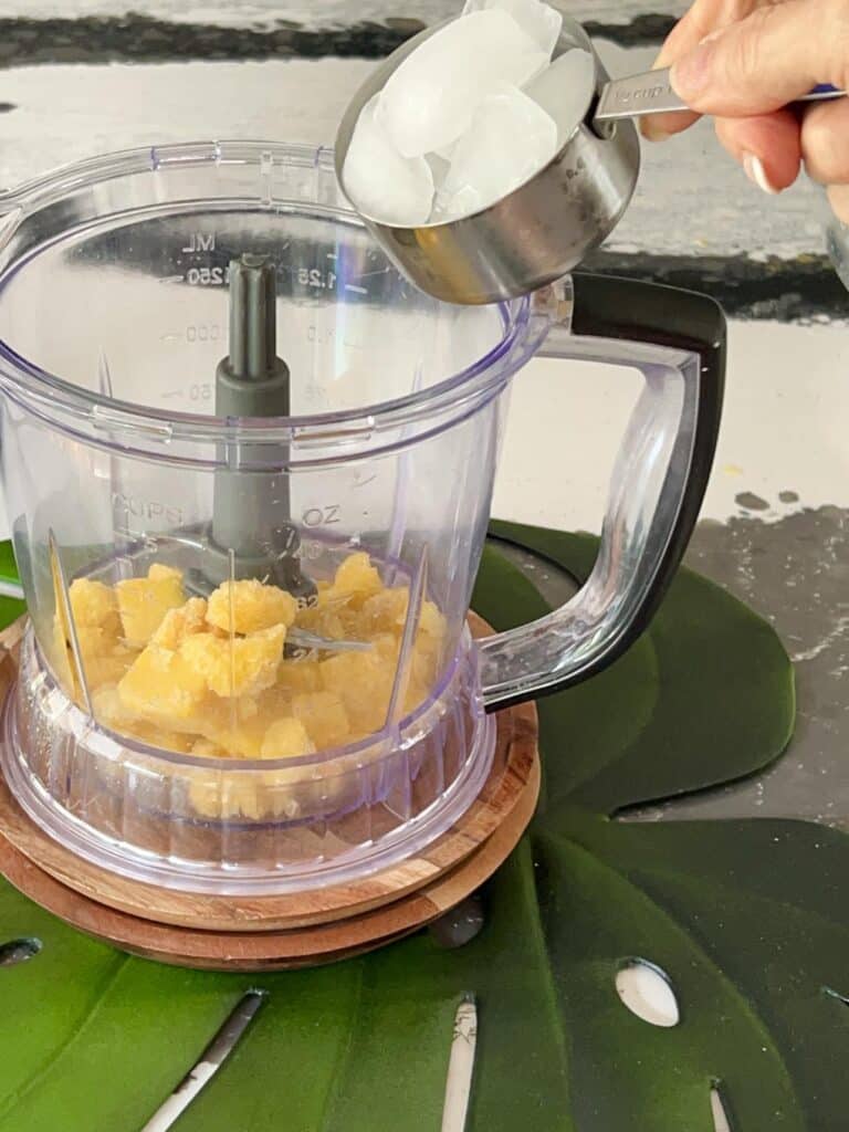 Adding ice to a food processor to make the mango a go go smoothie drink.