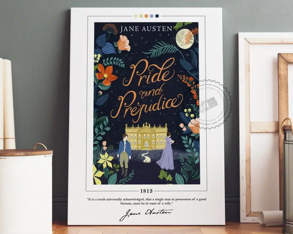 A poster of the book cover of the novel "Pride and Prejudice"