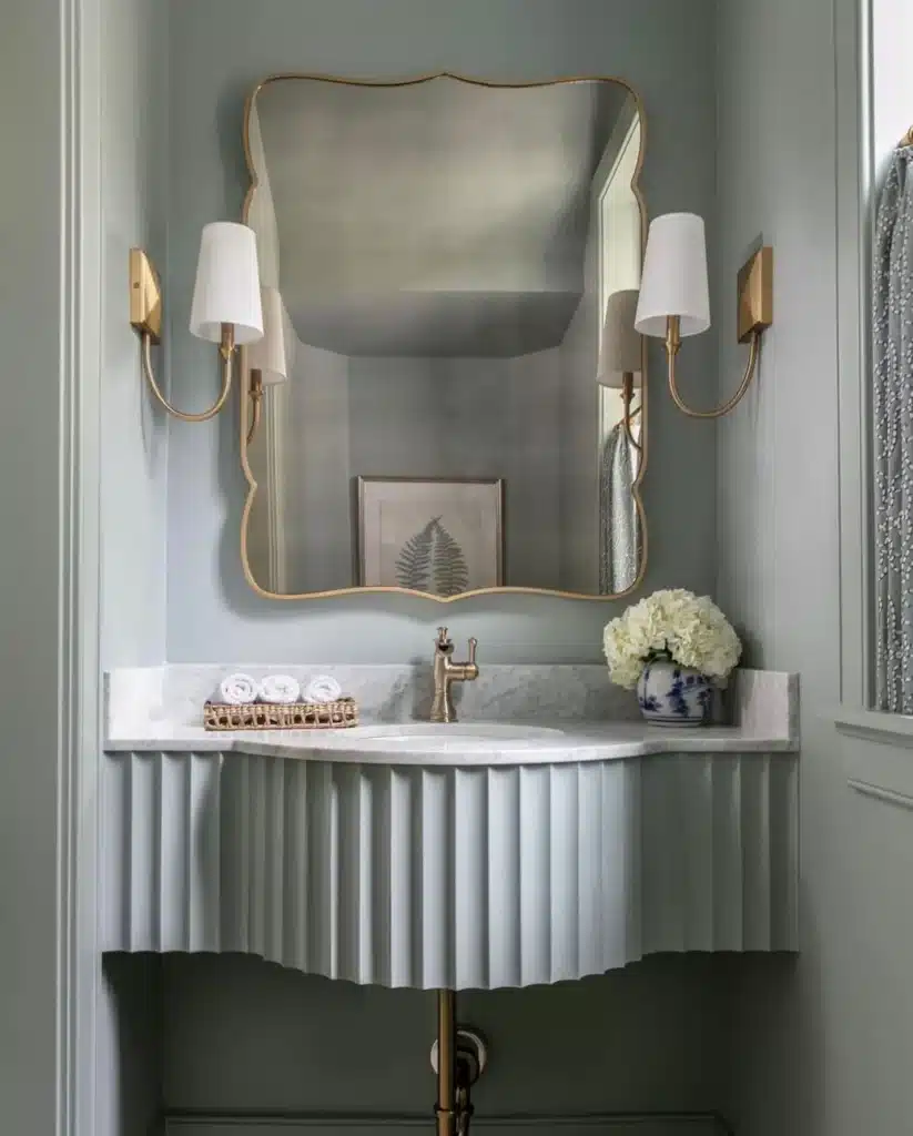 A curvy statement mirror is a home find for a bathroom.