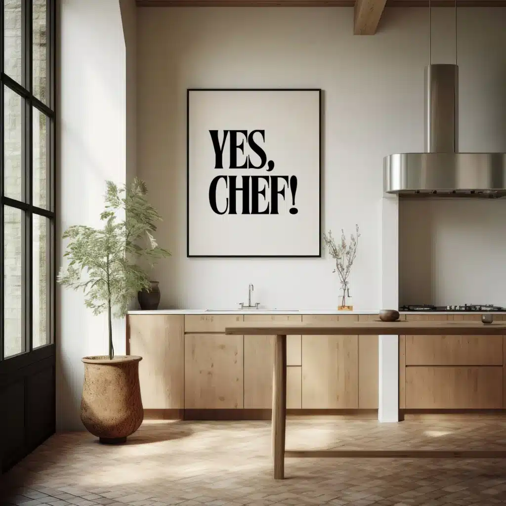 A poster with the phrase "Yes, Chef!" printed on it as a home find in the kitchen.