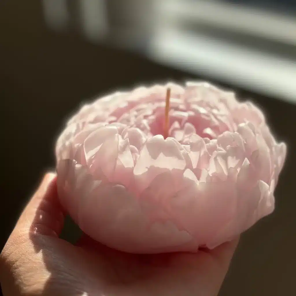 A candle in the shape of a pink peony is one of the home finds on Etsy.