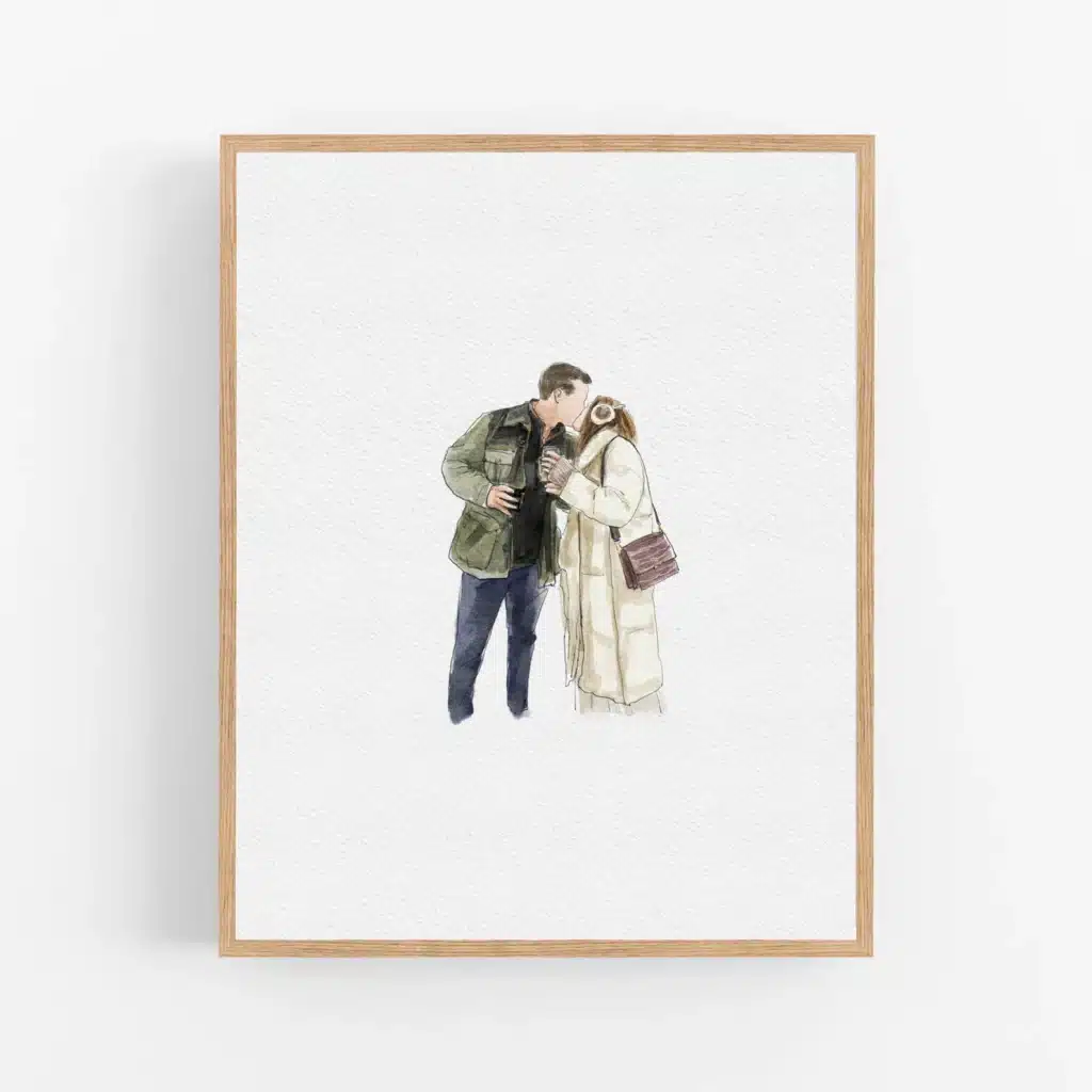 A watercolor drawing of a man and woman kissing.