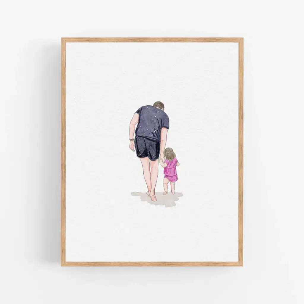 A watercolor drawing of man holding the hand of a child