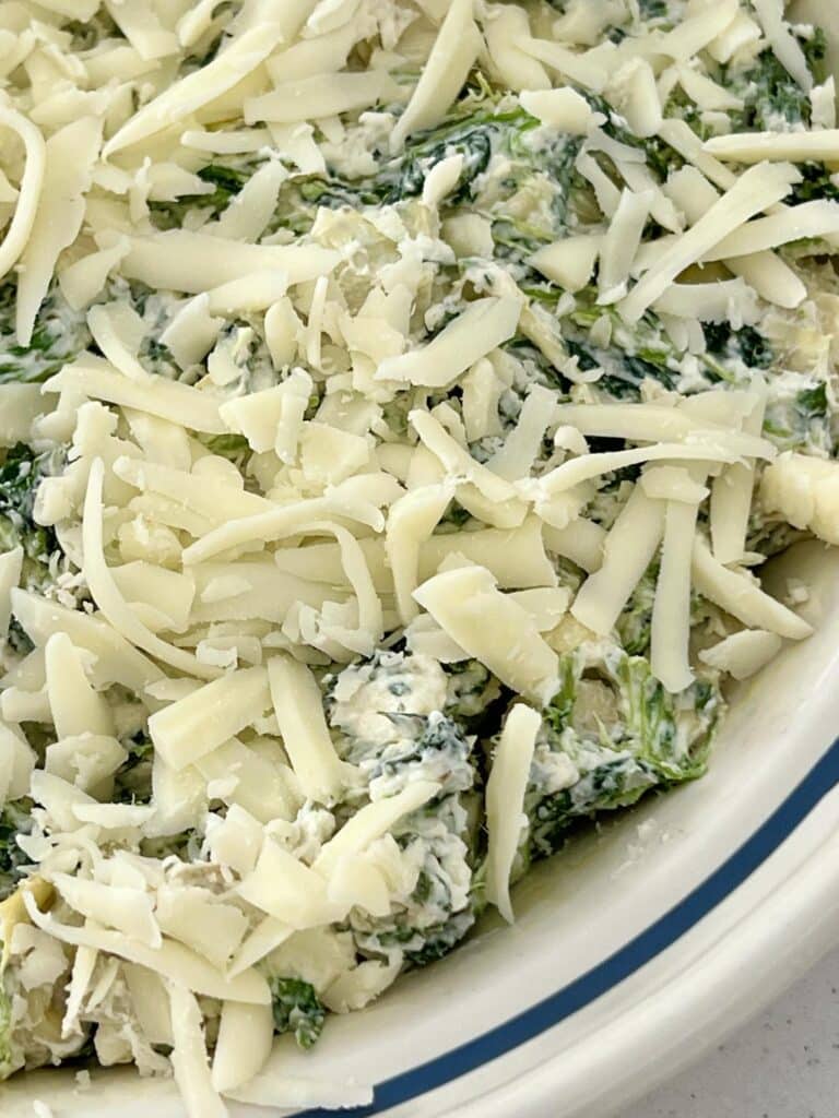 The spinach artichoke dip mixture before it is baked.