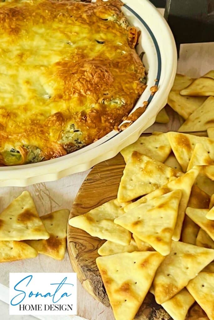 Baked Artichoke Spinach Dip with logo.