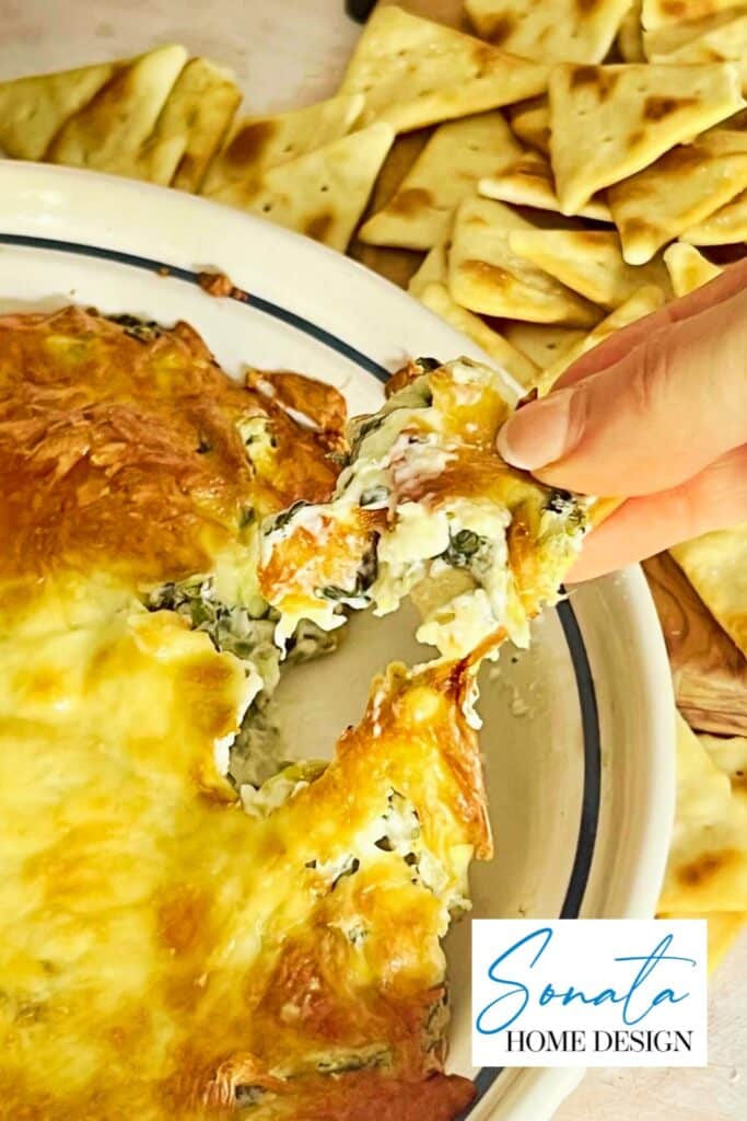 Baked Spinach Artichoke Appetizer Dip with SHD logo