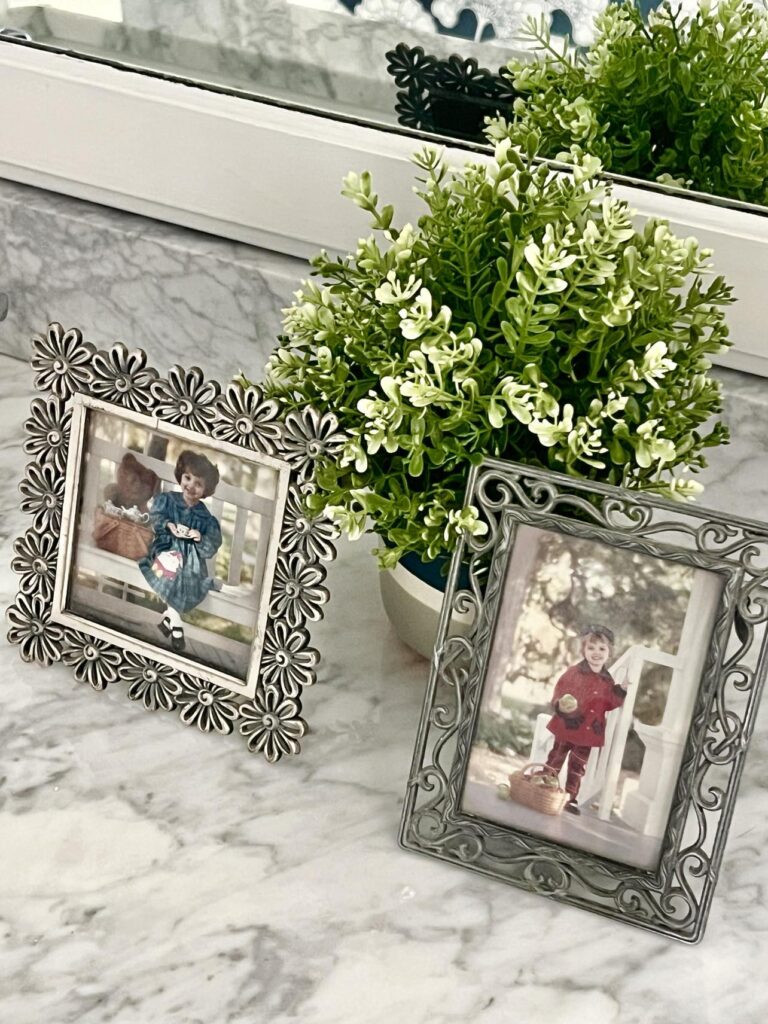 Bathroom countertop decor ideas include displaying photographs of family members amidst a green plant.