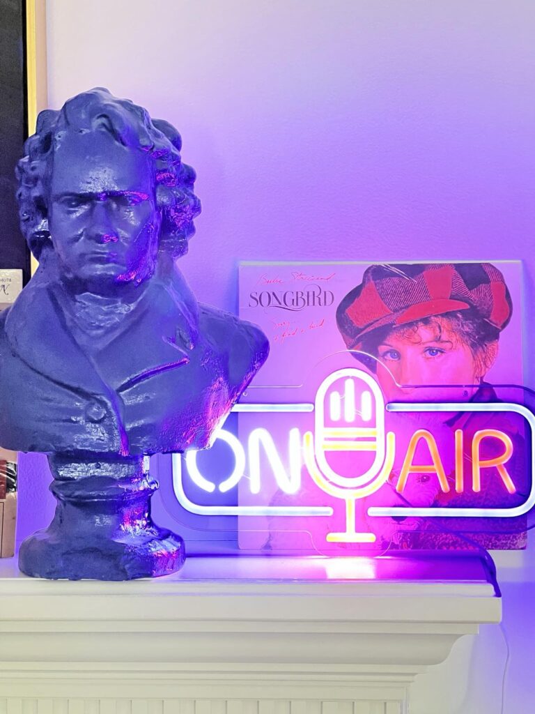 A painted blue bust of Beethoven and a Barbara Streisand album cover with an "On Air" sign on a fireplace mantel decorated for a karaoke party.