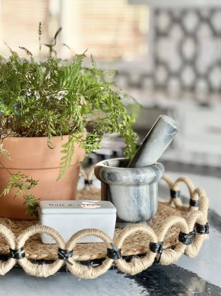 DIY Lazy Susan with jute and leather wrapped rings.