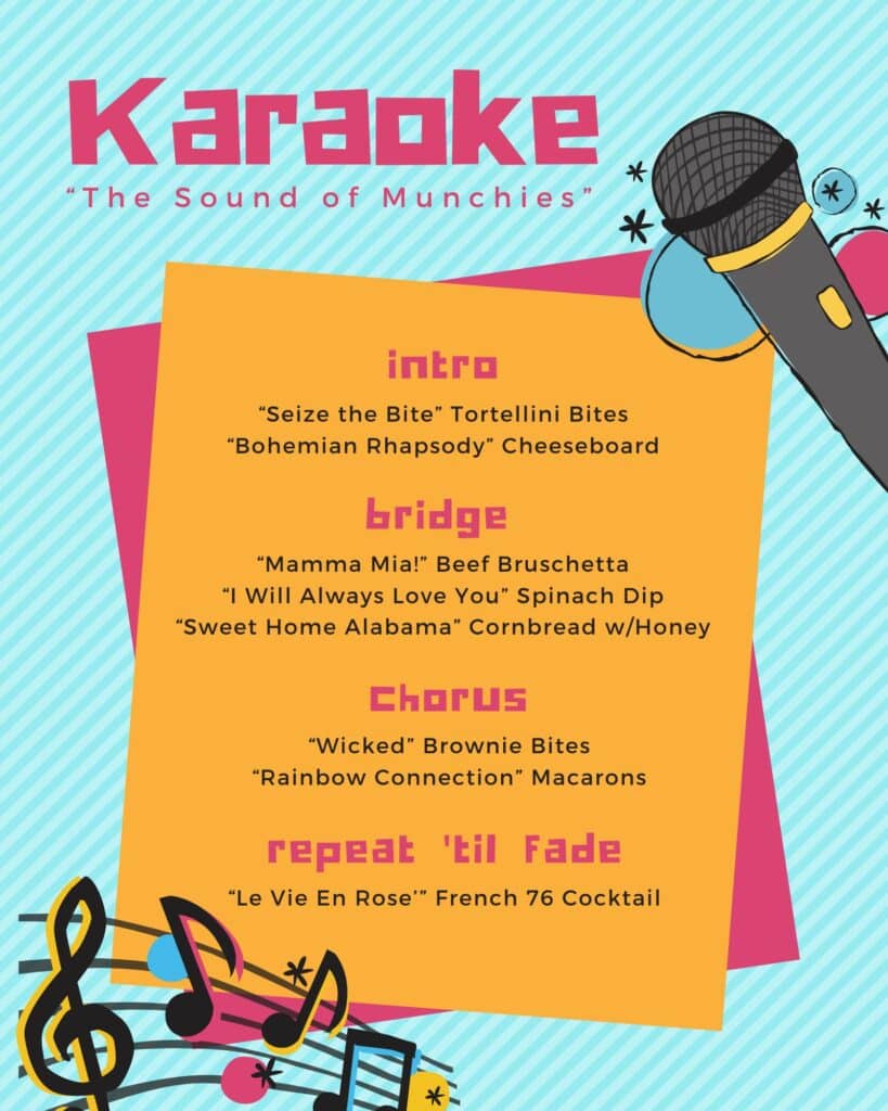 A karaoke party menu with snack and treats.