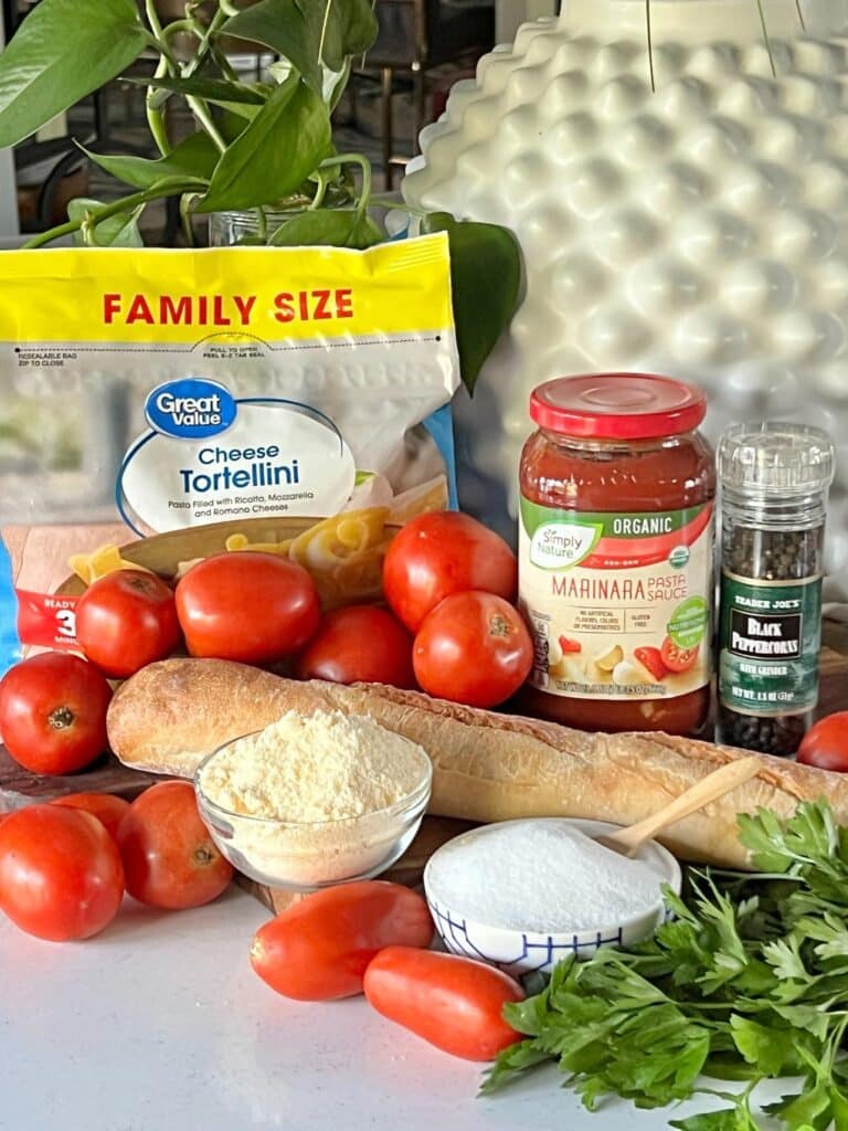 Ingredients for crispy tortellini bites that include cheese tortellini, parmesan cheese, bread crumbs, and spices.