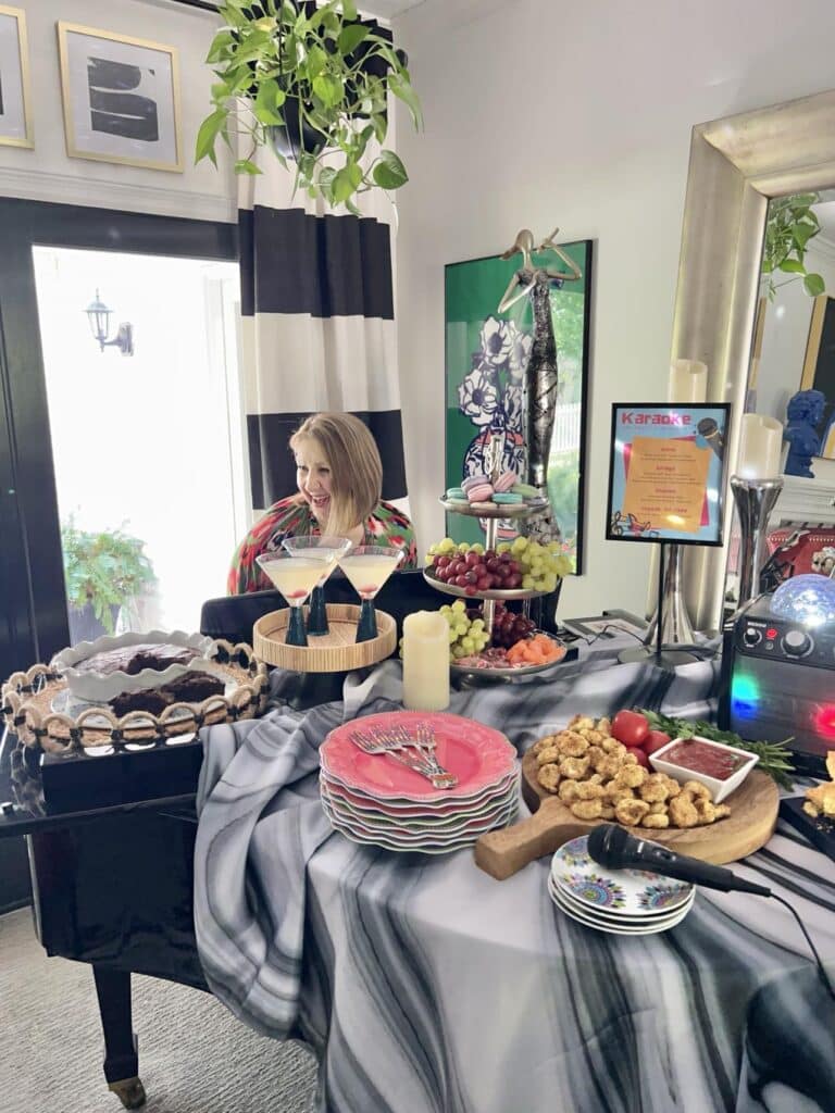 Woman sitting a piano tablescape.