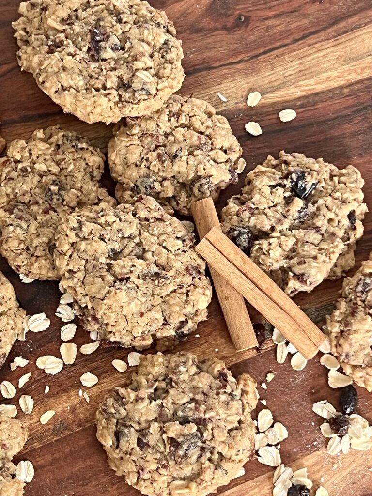 recipe for chewy oatmeal raisin cookies bakery style with cinnamon sticks.