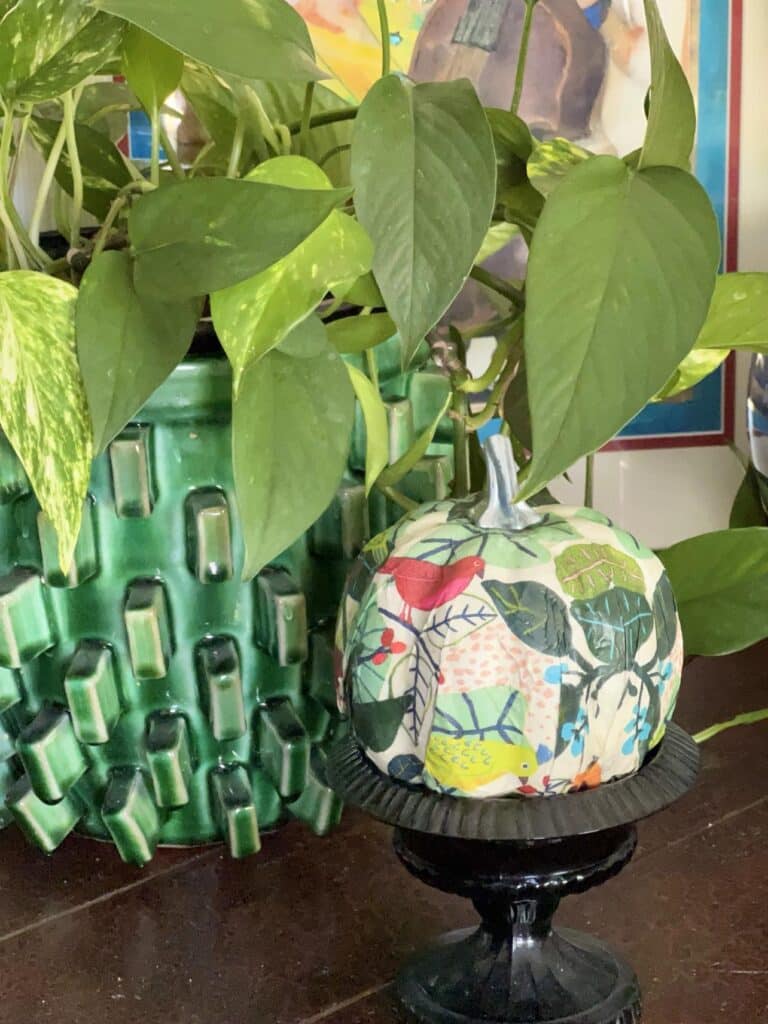 A decoupage pumpkin beside a green plant.