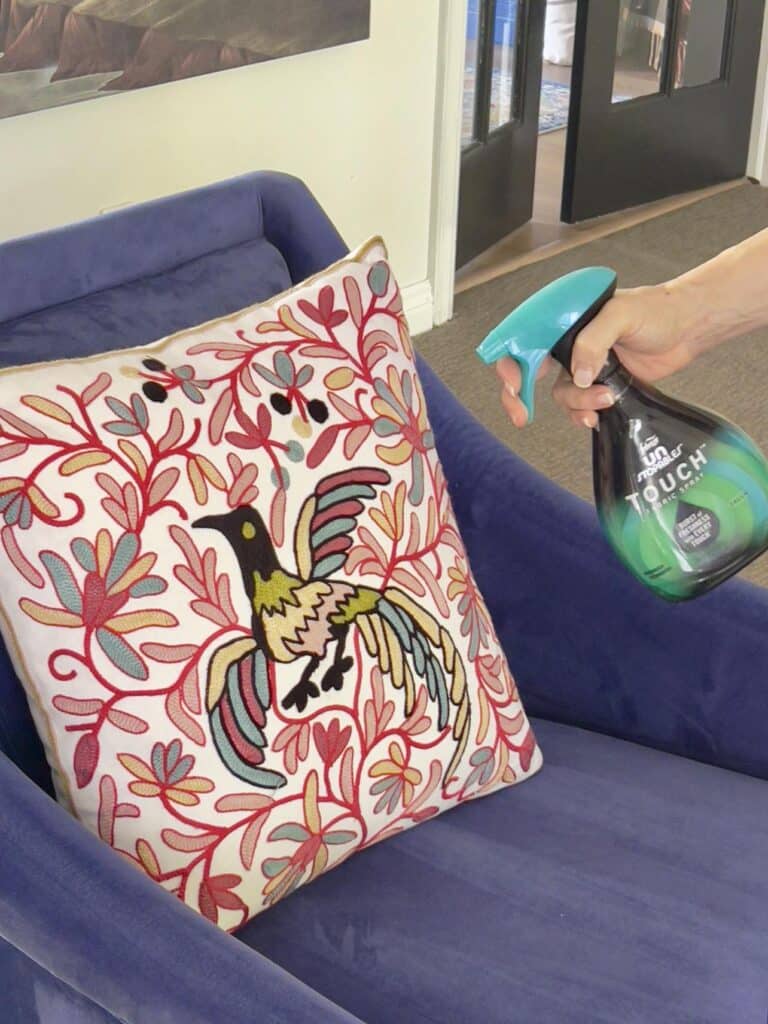 Spraying fabric spray on an embroidered throw pillow is part of routine care.