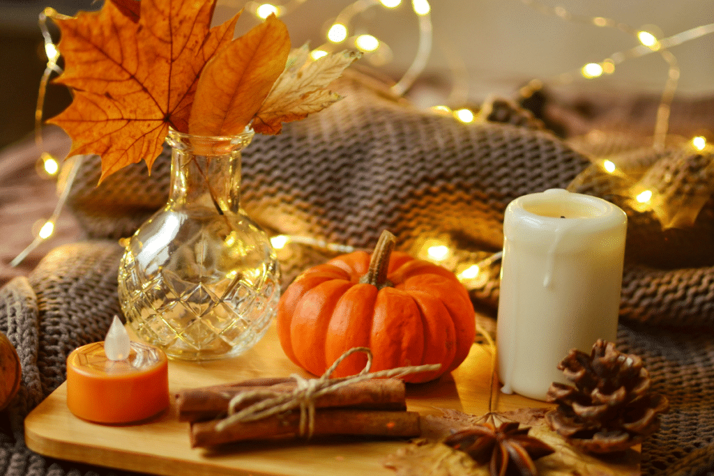 Fall leaves displayed in a vase.