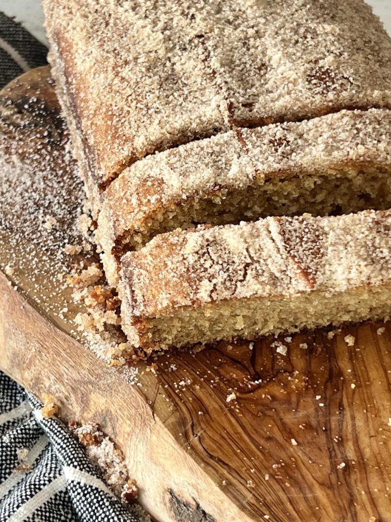 Sliced apple cider donut bread.