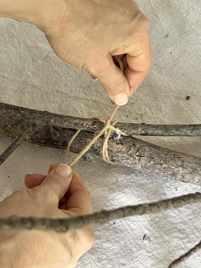 Tying together two tree branches together with jute twine.