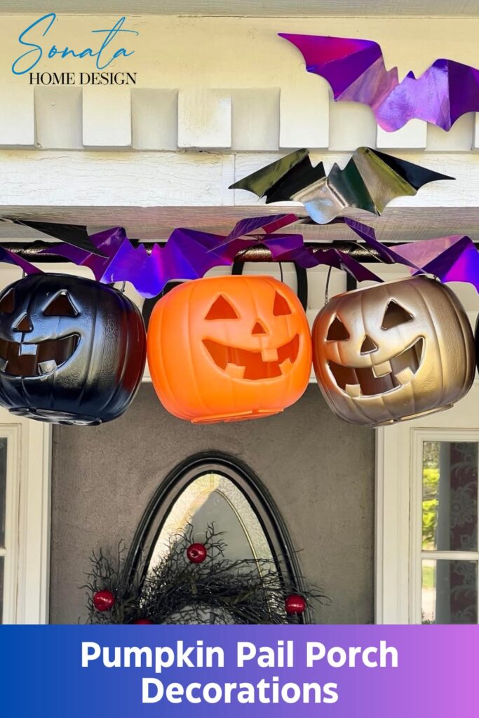 Pumpkin porch decorations with bats.