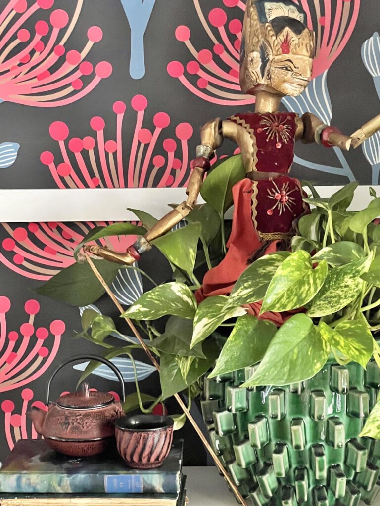 An Asian Marionette rod puppet styled on a bookshelf with green plant.