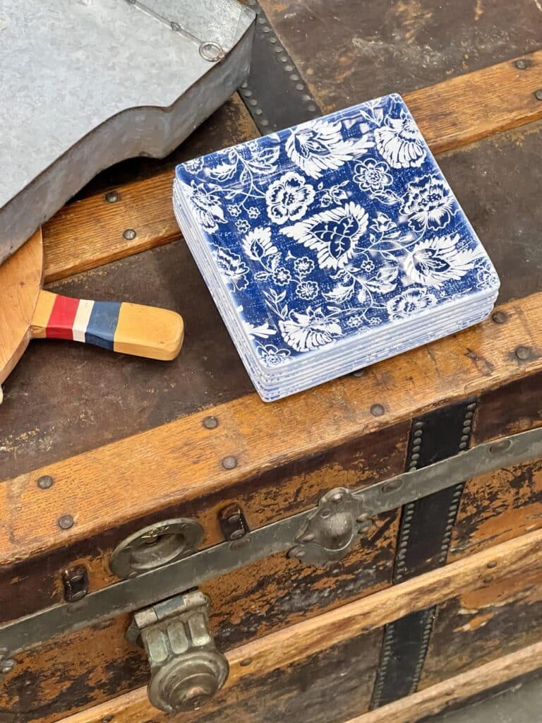 Stack of blue and white snack trays.