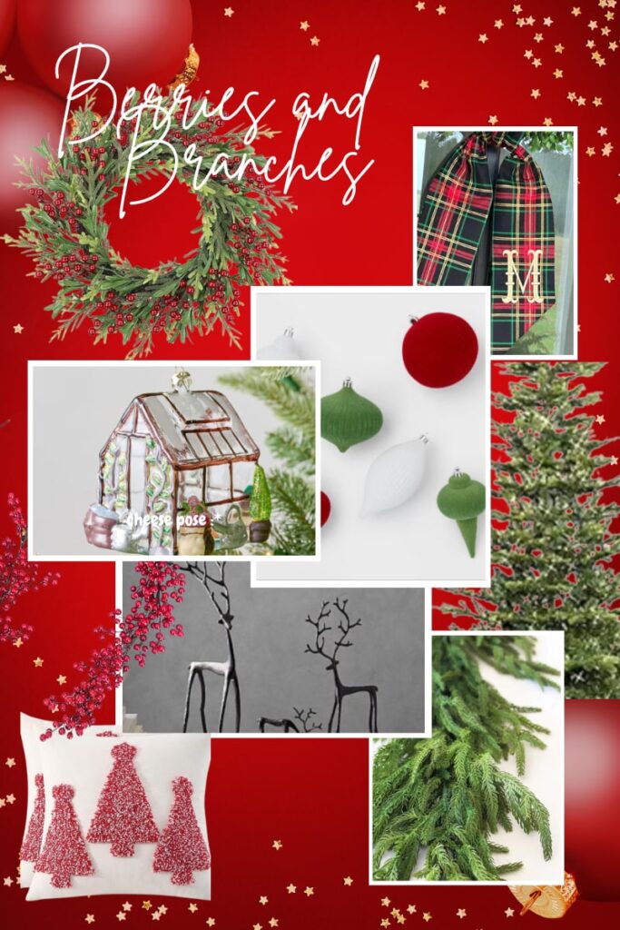 Berries and Branches Christmas Decor collage featuring a christmas tree, green wreath, greenhouse ornaments, and flocked ornaments