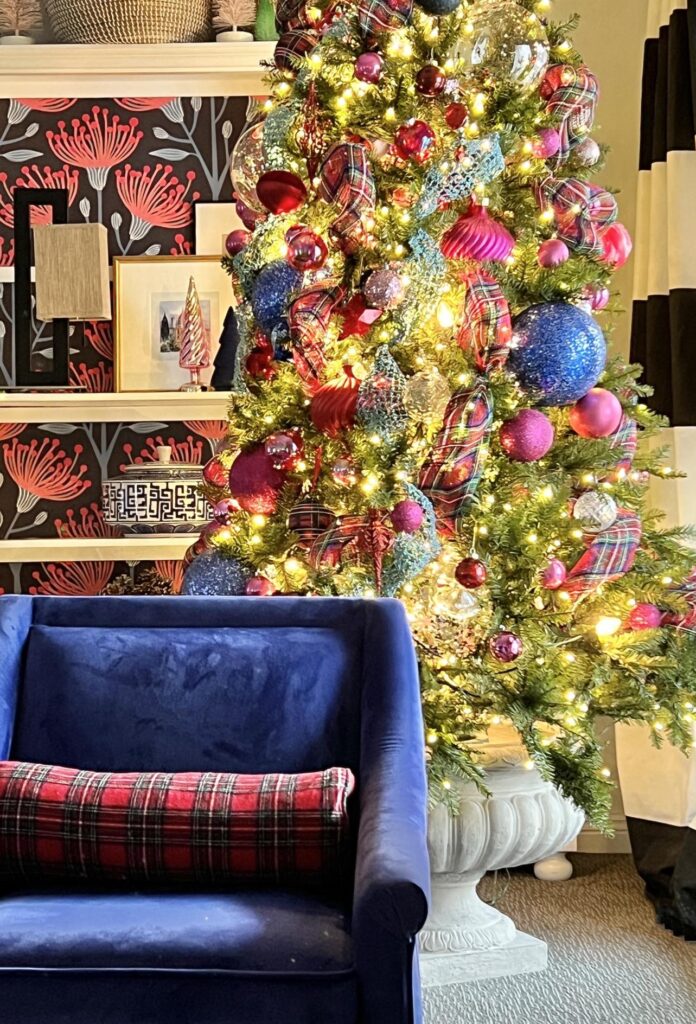 A Christmas tree in a garden pot being used as a Christmas collar idea.