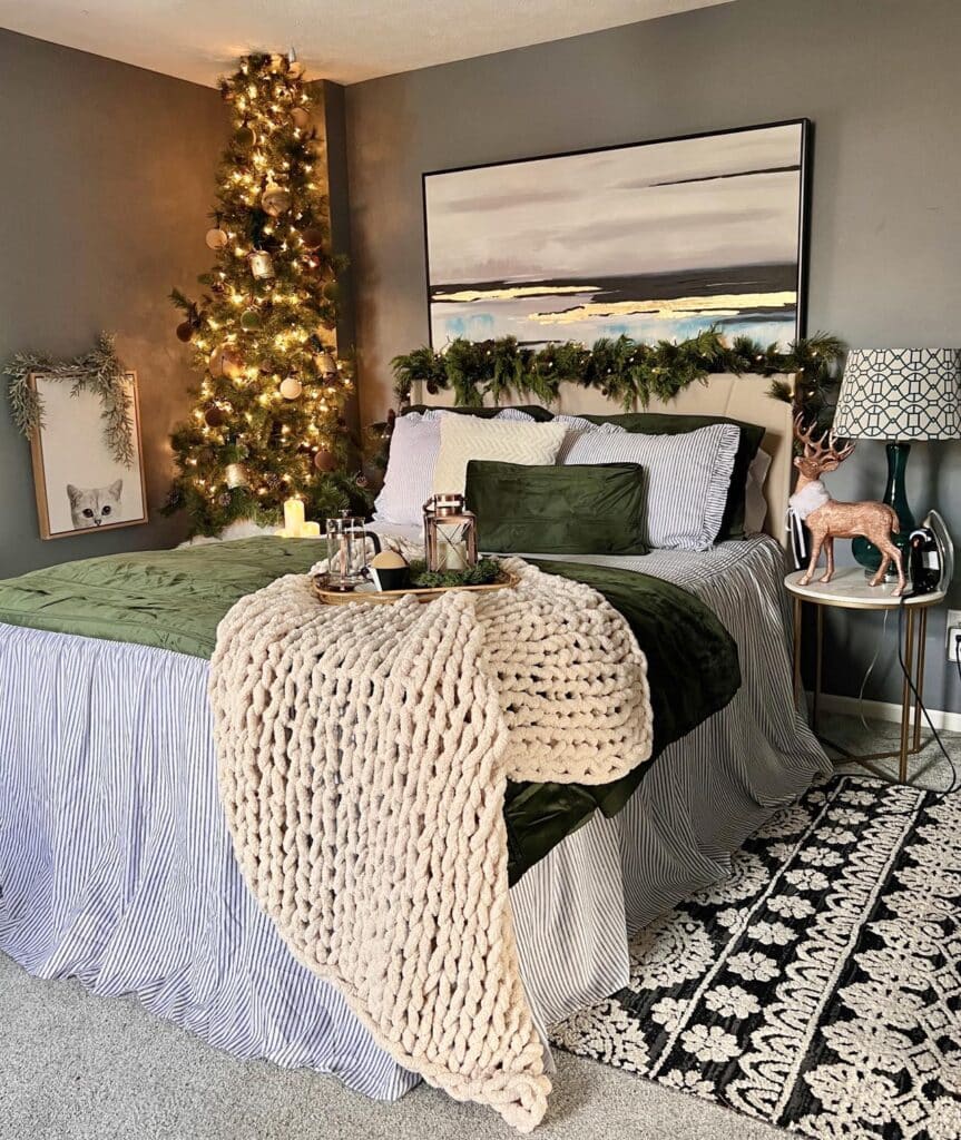 A cozy bed decorated for Christmas with warm color ideas and home decor.