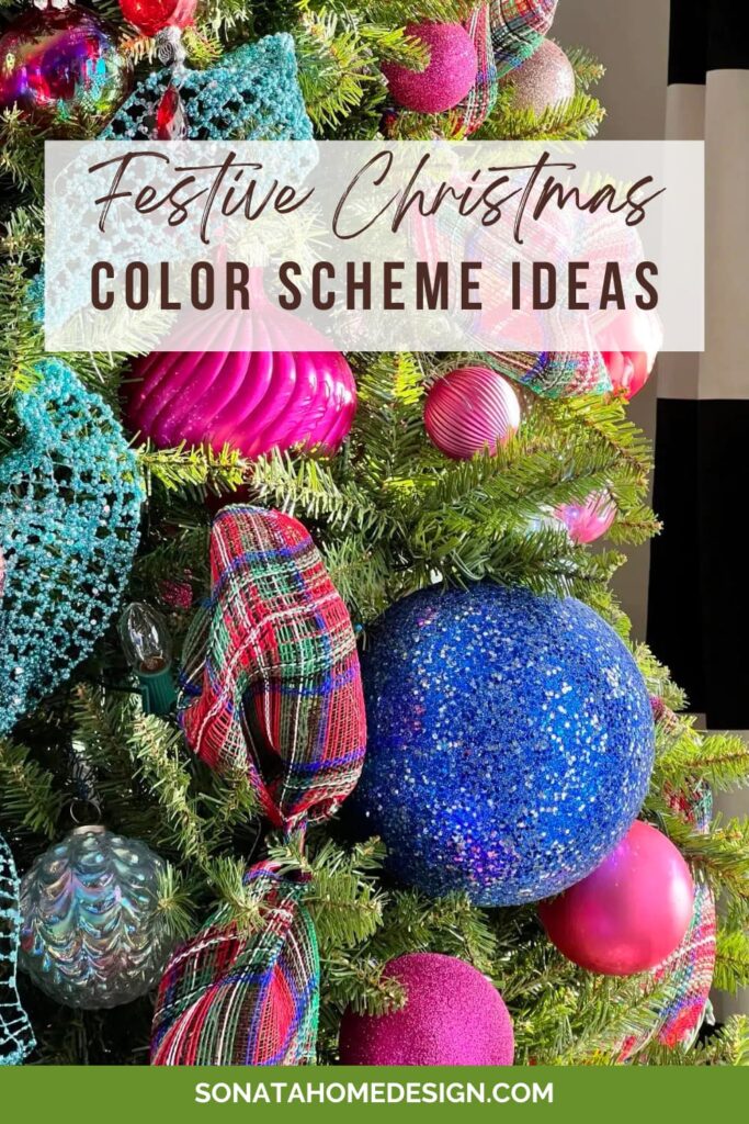 Festive Christmas Color Scheme Ideas featuring a Christmas tree with pink and blue ornaments.