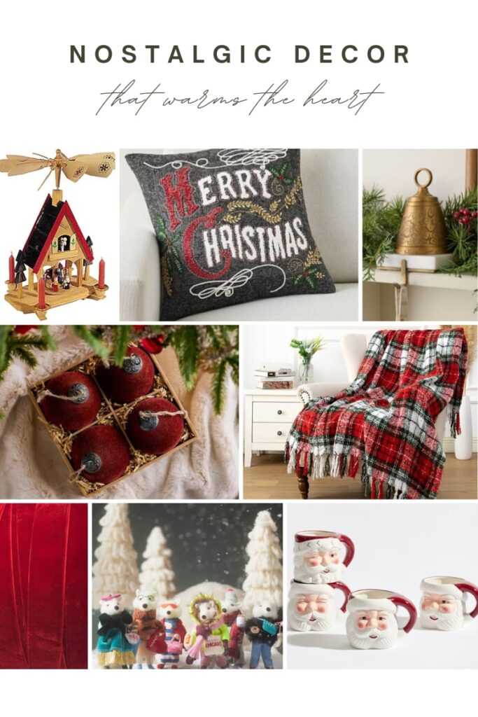 Nostalgic Christmas decor ideas that include a plaid throw blanket, metal bell stocking holder, Christmas pillow,  and Santa mugs.