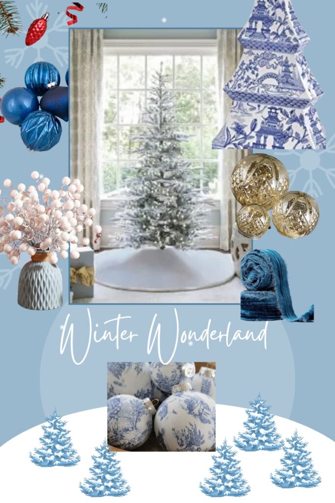 Winter Wonderland Christmas Decor Ideas featuring a flocked Christmas tree, blue ornaments and ribbon, and a chinoiserie ceramic tree.