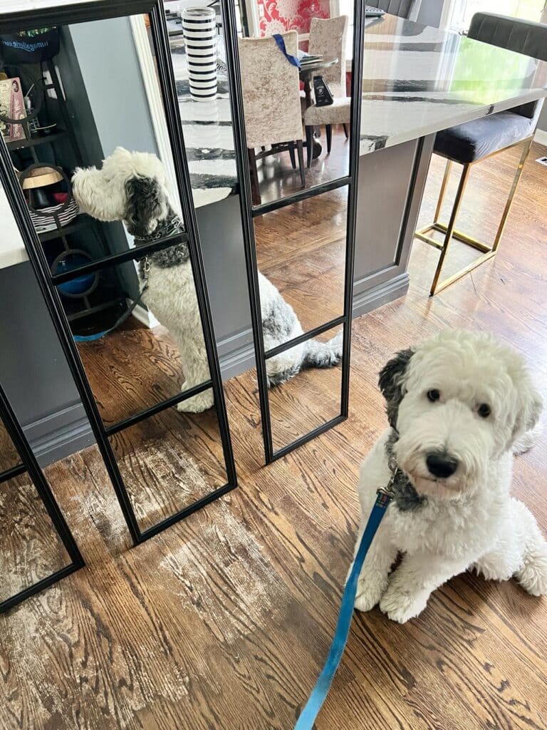 Three mirrors with the completed mirror hack of glued horizontal wood molding pieces to create a grid.