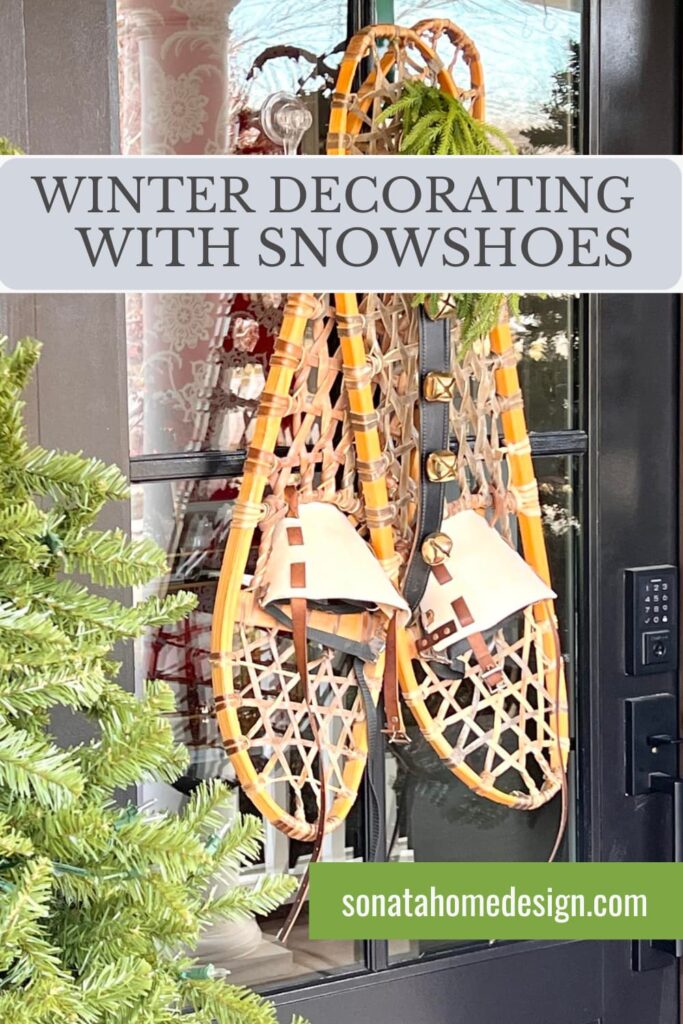 winter decorating with snowshoes by hanging the shoes on a front door.