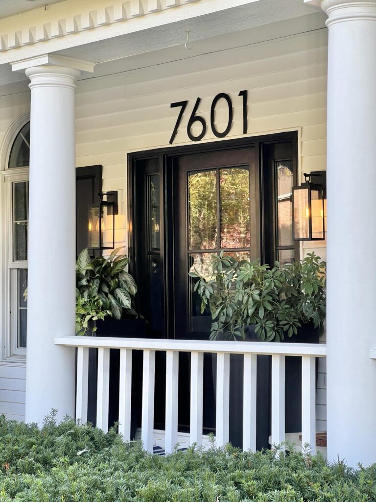 front porch ideas include this newly painted front door and green plants.