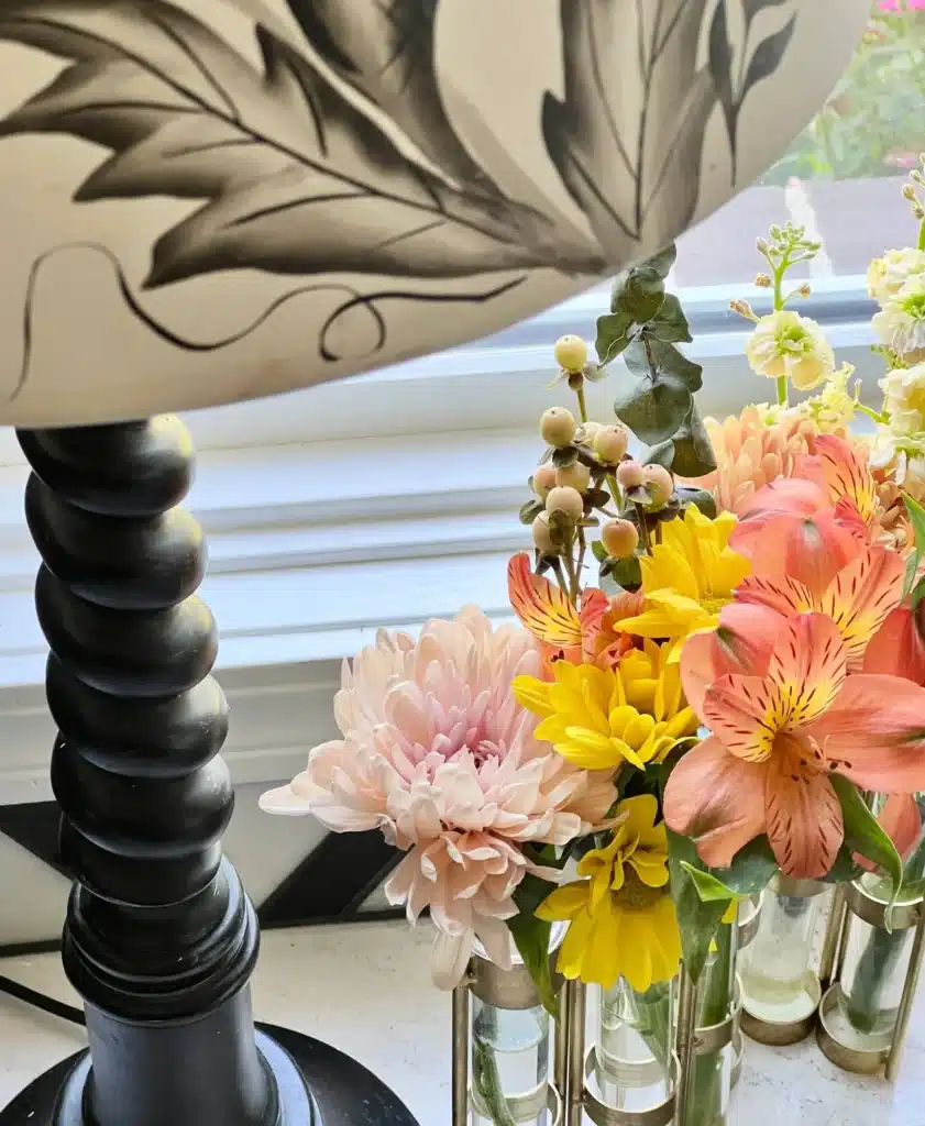 A lampshade with a floral pattern.