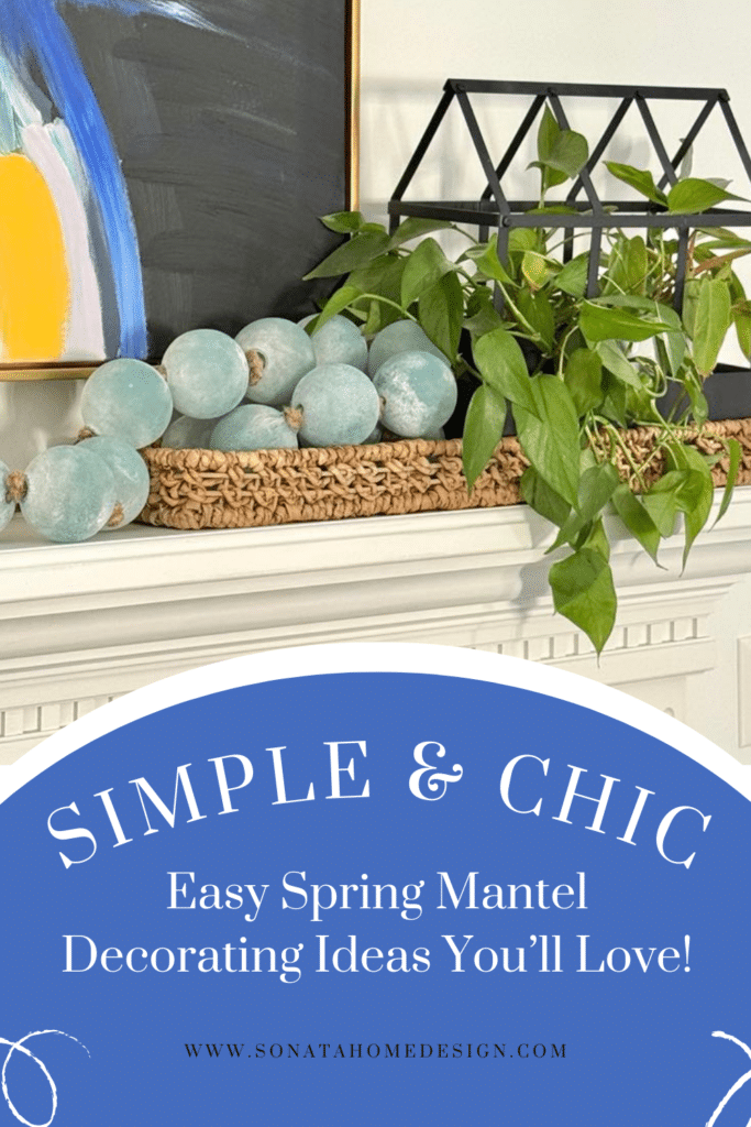 spring fireplace mantel ideas that include a woven basket filled with a green plant and sea glass bead garland.