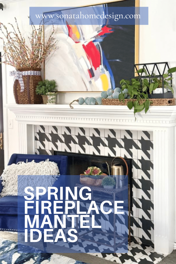 A fireplace mantel styled with spring decorations.